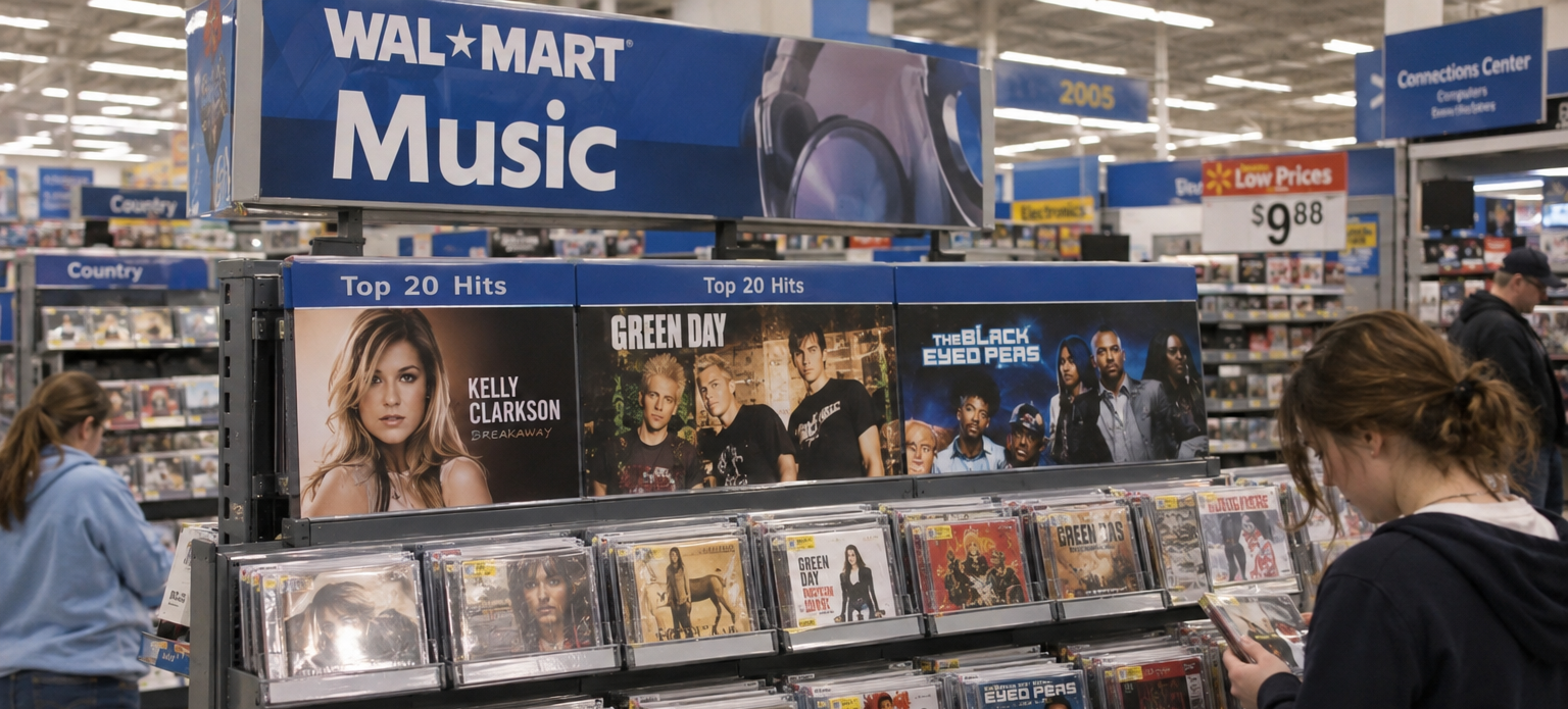 A Walmart music display featuring a selection of CDs and a sign above showing albums by Kelly Clarkson, Green Day, and The Black Eyed Peas.