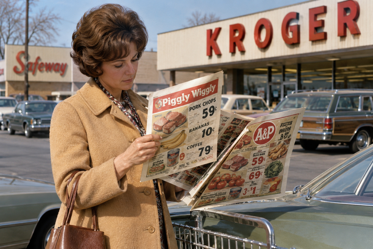 A woman in a tan coat standing in a grocery store parking lot reads a newspaper advertisement featuring Piggly Wiggly and A&P store circulars, with Kroger and Safeway signs visible in the background.