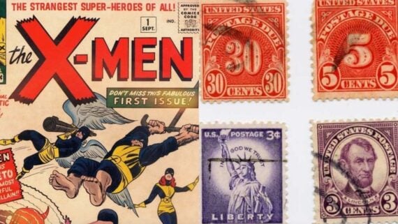 Cover of the first issue of The X-Men comic book next to a collection of vintage United States postage stamps.