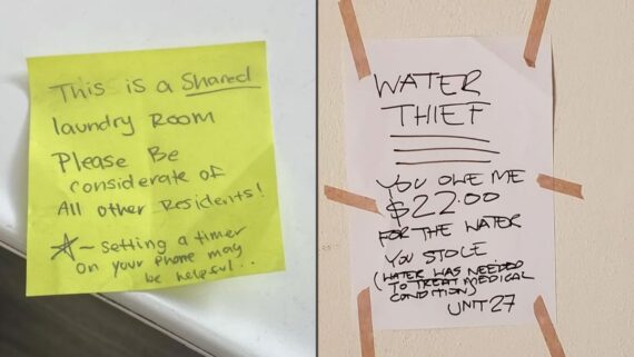 Two handwritten notes: a yellow sticky note asking residents to be considerate of the shared laundry room, and a white note taped to a wall accusing someone of stealing water for medical needs and demanding $22.00.