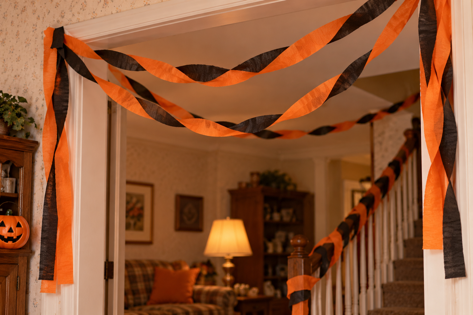 Orange and black crepe paper streamers draped across a doorway and along a staircase banister, with a jack-o’-lantern on a shelf nearby.