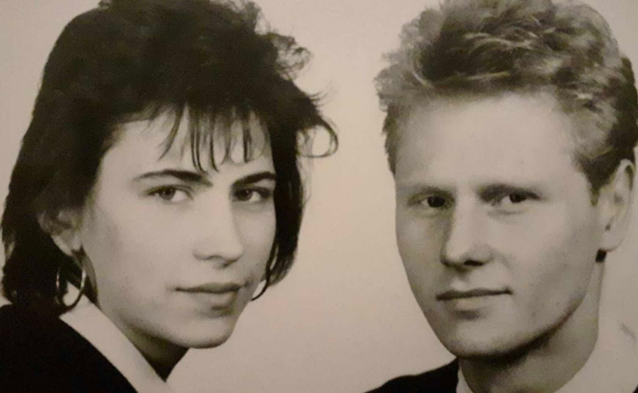 Black and white headshot of a young woman and a young man side-by-side.