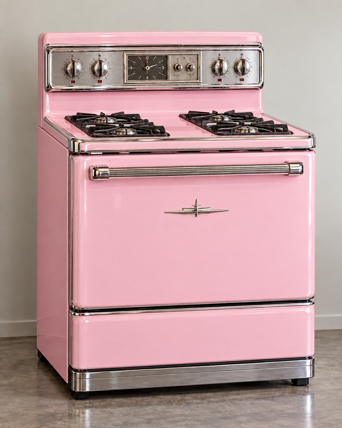 Vintage-style pink gas range with four burners and a center clock on the back panel.