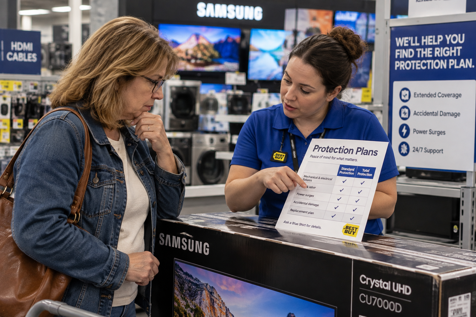 A Best Buy employee in a blue uniform points to a protection plan chart while speaking with a female customer in an electronics store.