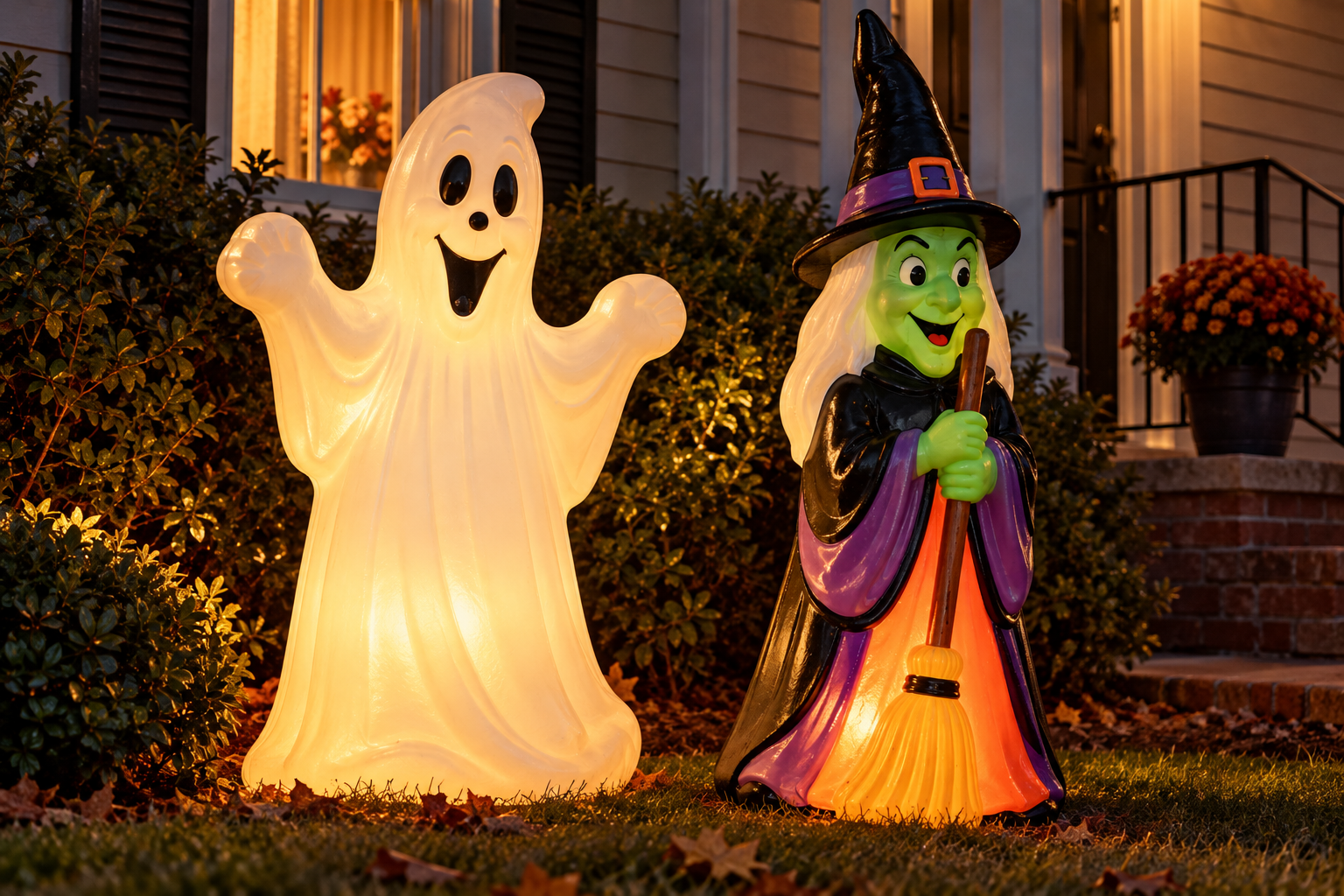 Lighted blow-mold Halloween decorations of a ghost and a witch holding a broom displayed on a front lawn.