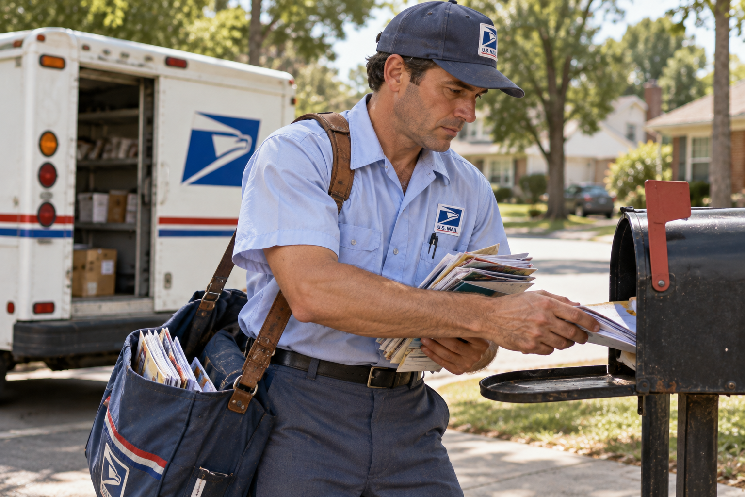 A USPS letter carrier in uniform places mail into a curbside mailbox next to a parked postal truck.