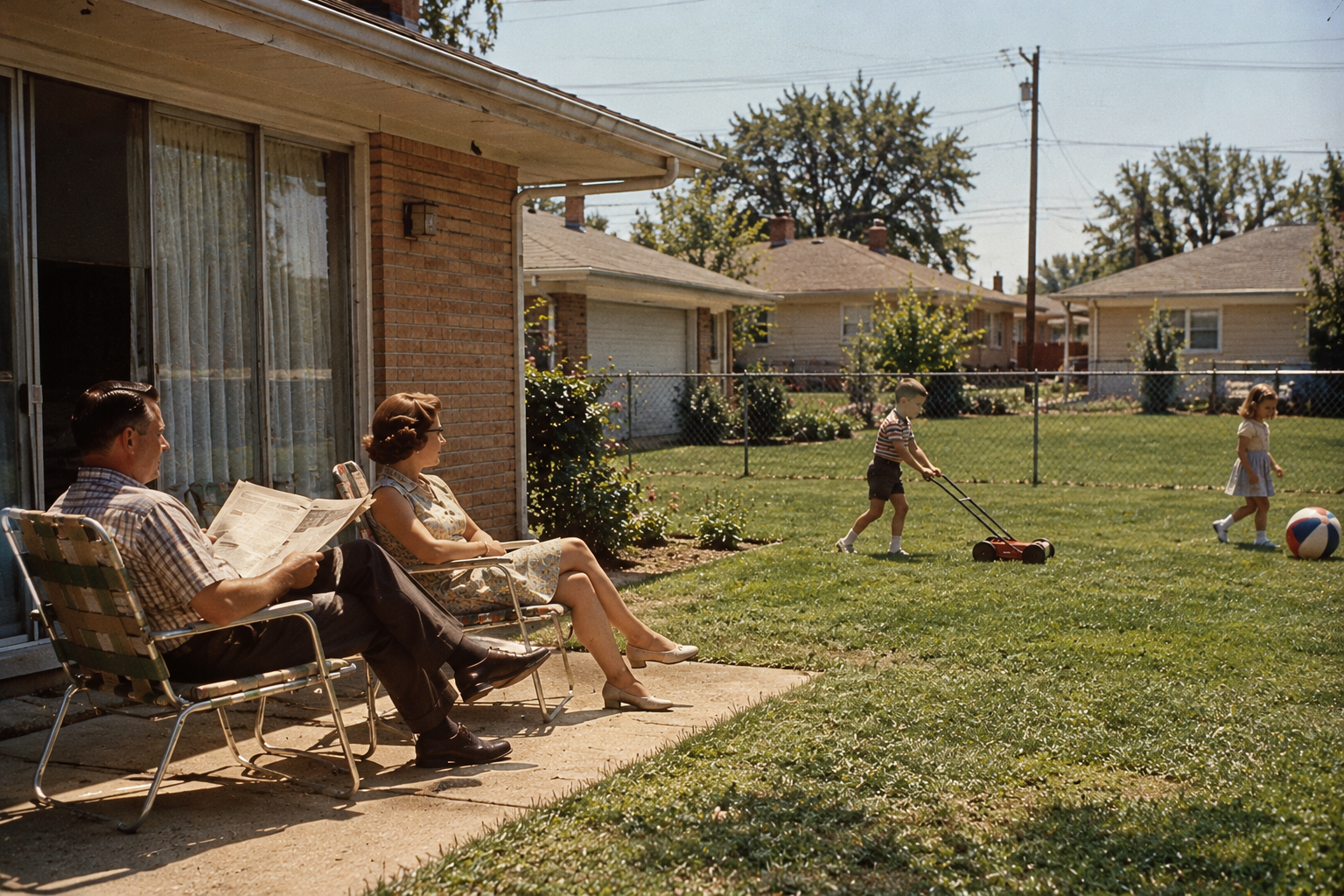 A man and woman sit in lawn chairs on a patio watching a young boy push a toy lawnmower and a girl playing with a ball in the backyard.