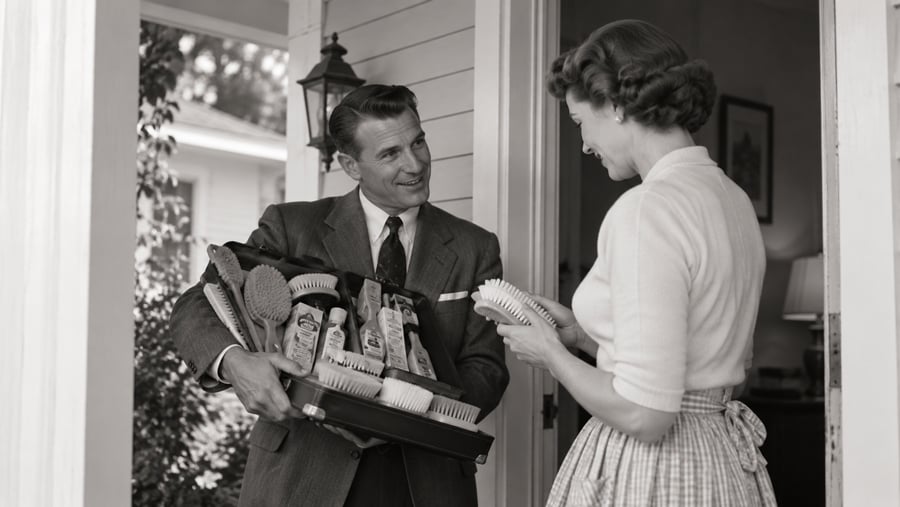 A man in a suit displays a case full of brushes to a woman standing in a doorway.