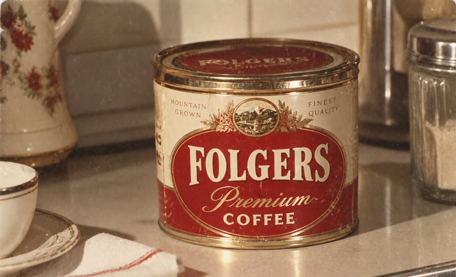 A vintage Folgers Premium Coffee tin sits on a countertop next to a sugar jar, a cup, and a flowered teapot, all illuminated by warm light.
