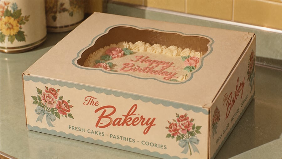 A bakery box with floral designs sits on a counter. Through the window, a cake with “Happy Birthday” written in pink icing and decorative frosting is visible. The box reads: “The Bakery, Fresh Cakes · Pastries · Cookies.”