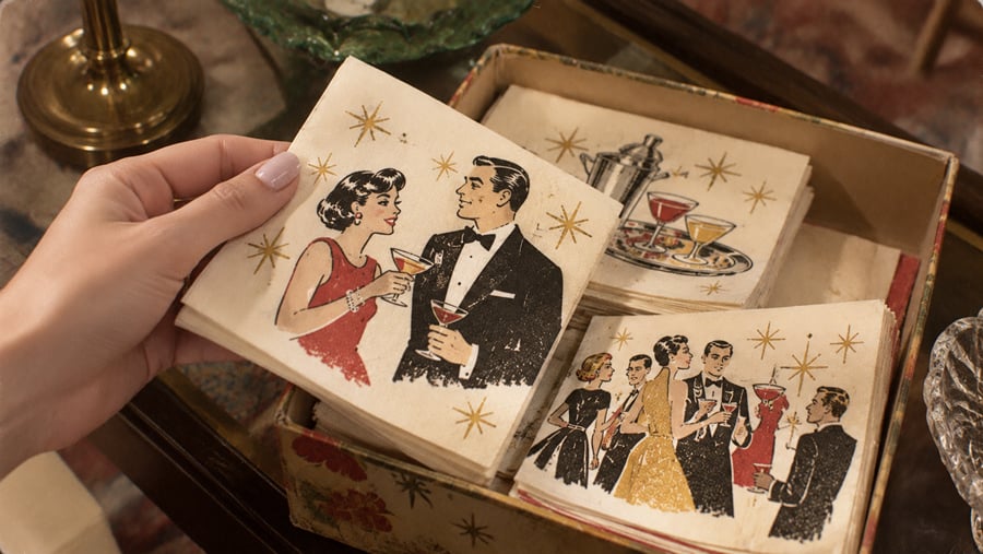 A hand holds a vintage napkin showing a woman in red and a man in a tuxedo holding cocktails. The box contains more napkins with retro party scenes and gold starburst designs.
