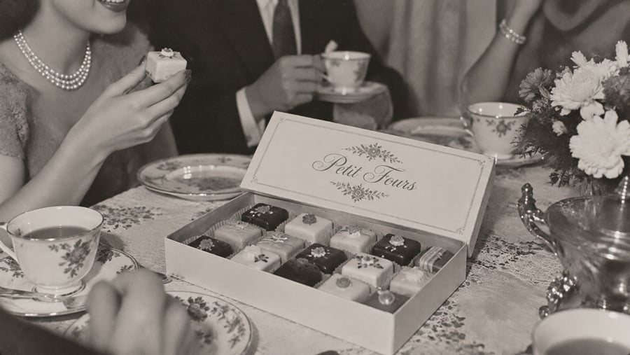 A vintage black-and-white photo of people at a table enjoying tea and petit fours from an open box. The table is set with teacups, plates, and a floral centerpiece.