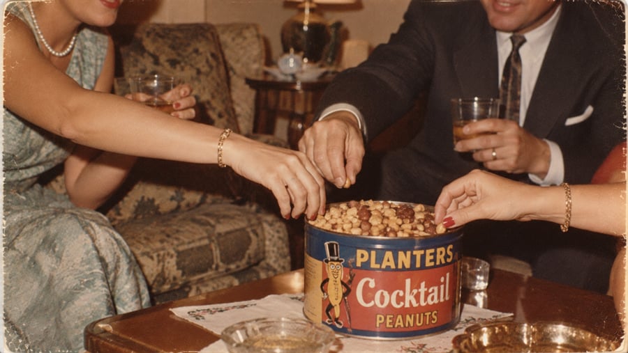 Three people in formal attire reach for peanuts from a large Planters Cocktail Peanuts tin on a table. Two hold drinks, and the scene is set in a cozy, vintage living room.