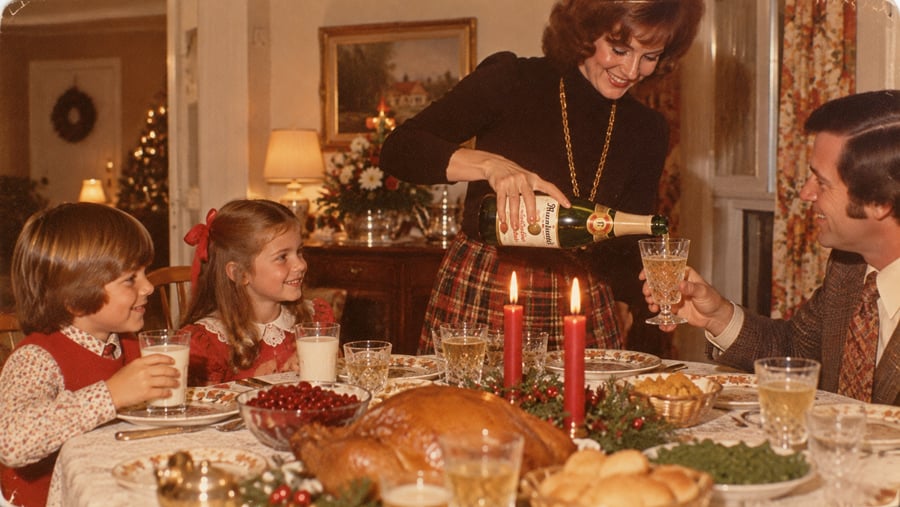 A woman pours a drink for a smiling man at a festive dinner table with two children. The table is set with candles, glasses, plates of food, and a large roasted turkey. The scene is warm and holiday-themed.