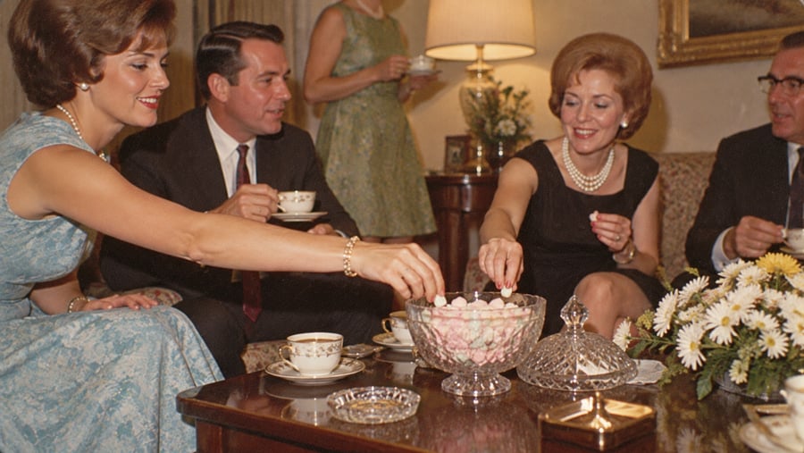 Four adults in formal attire sit in a living room, enjoying tea and reaching for candies from a glass bowl on a table, with flowers and teacups around.