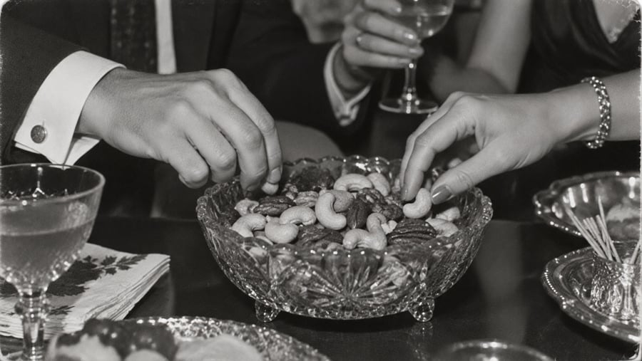 Two people reaching for mixed nuts in a crystal bowl at a table; both hold drinks, one in a suit and the other in a dress with a bracelet. The scene is in black and white and has a vintage feel.