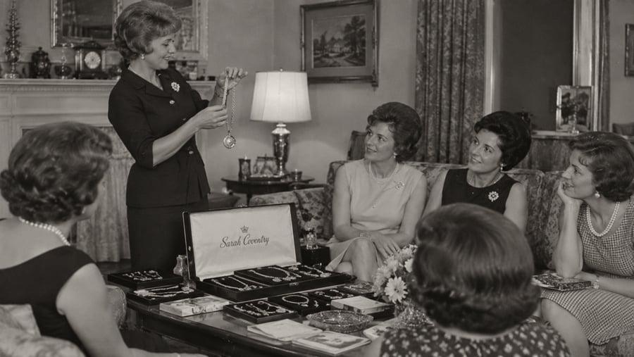 A woman stands and displays a necklace to a group of four women seated around a coffee table filled with Sarah Coventry jewelry cases.