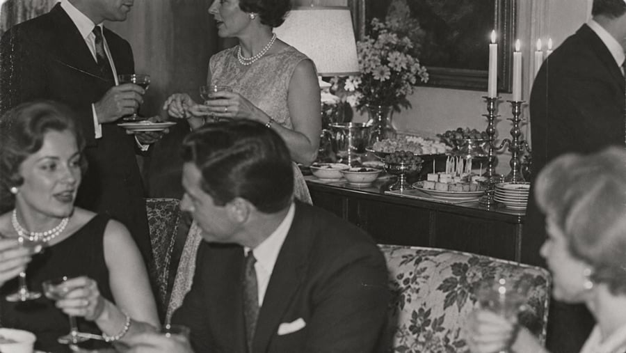 Black and white photo of people dressed in formal attire, talking and holding drinks at a house party. A table with food, candles, and flowers is in the background.