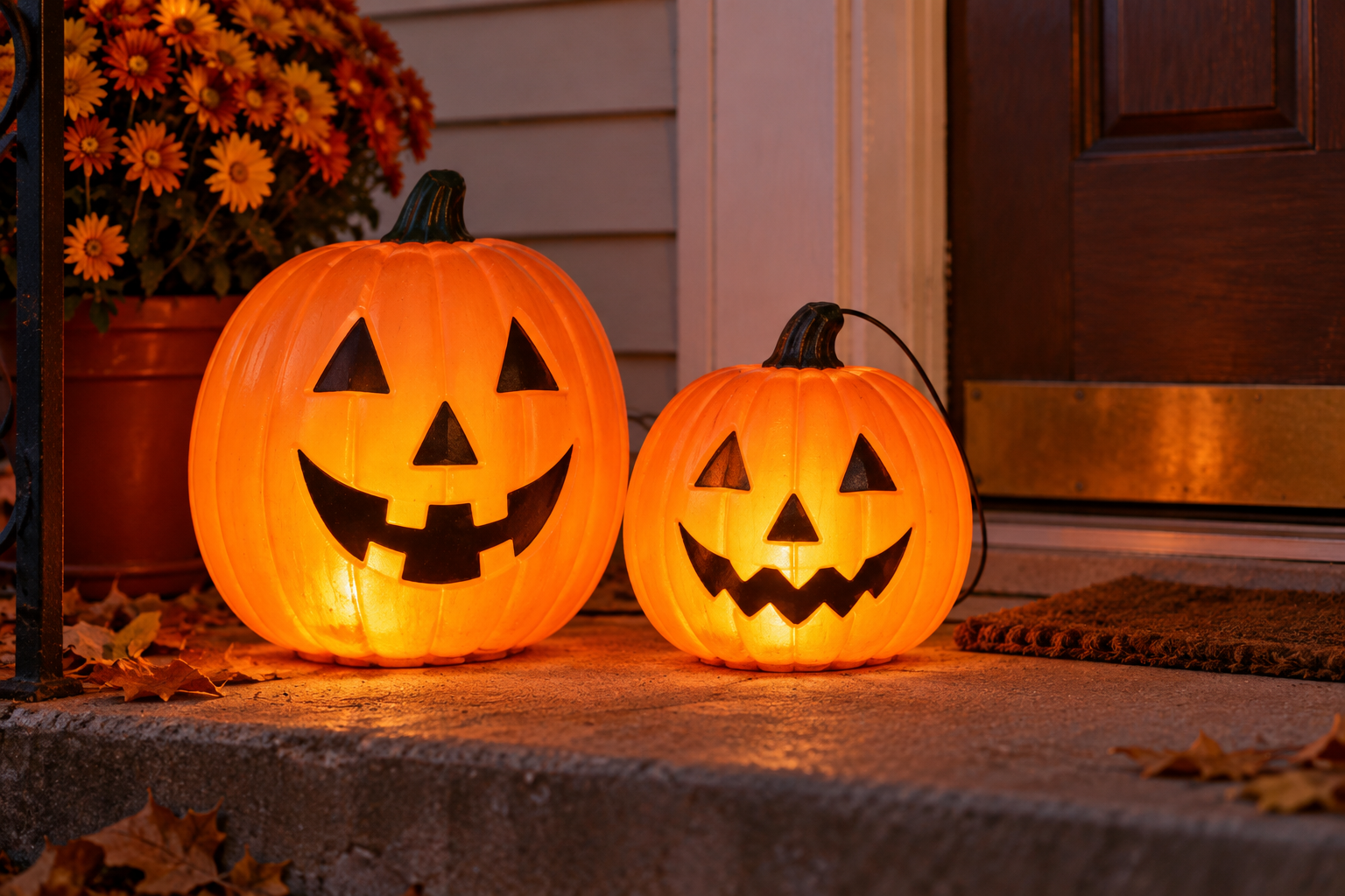 Two glowing jack-o’-lanterns sit on a porch next to a pot of orange mums.