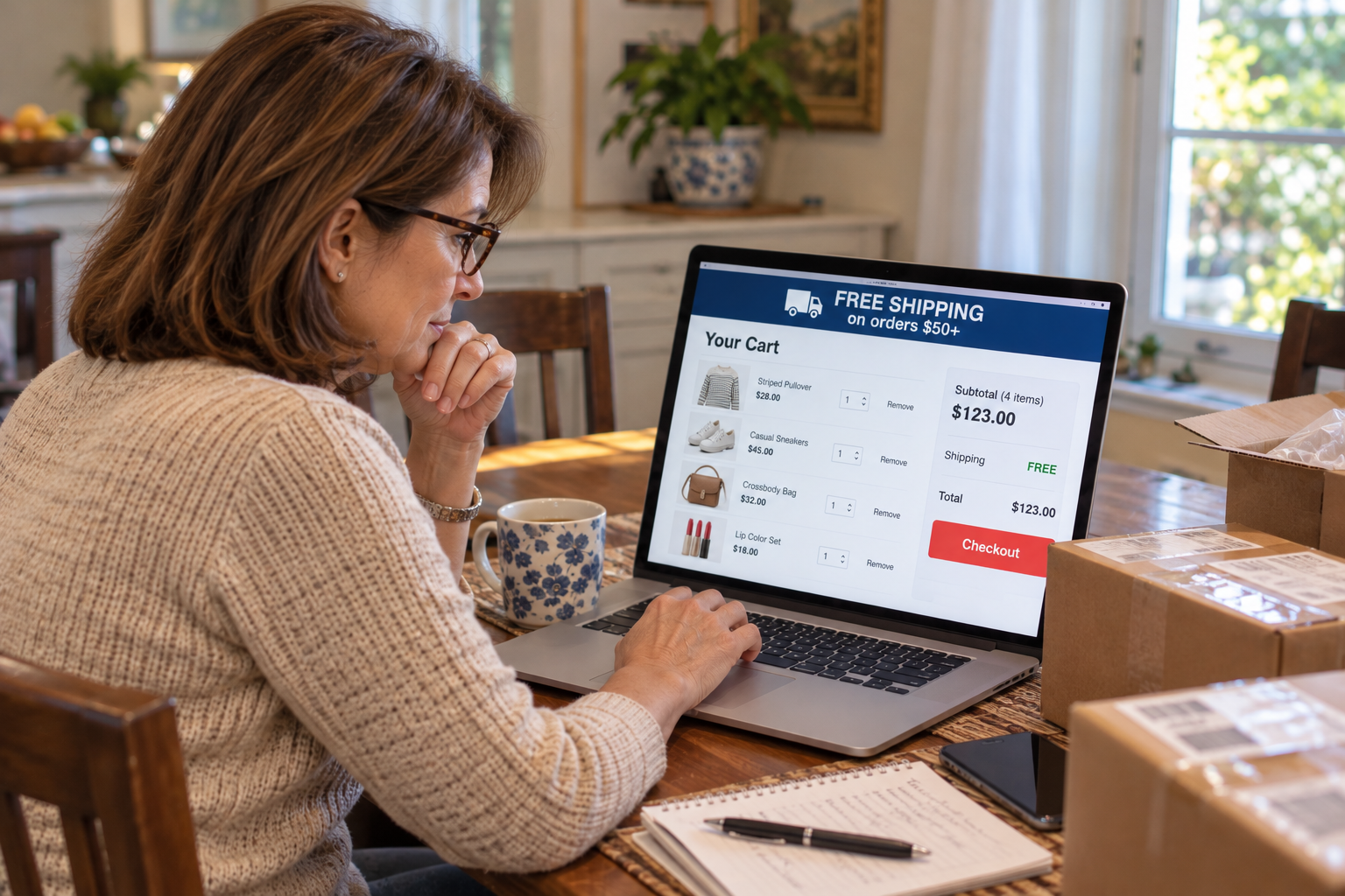 A woman sits at a wooden table reviewing an online shopping cart on her laptop, with cardboard shipping boxes nearby.
