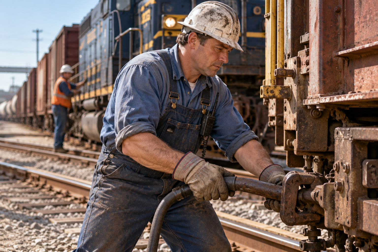 A railroad worker in coveralls and a hard hat connects a hose to a train car, with a second worker visible in the background on the tracks.