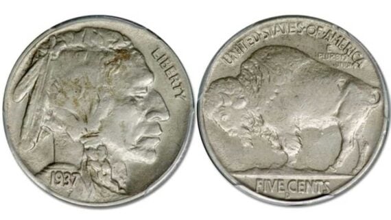 Obverse and reverse of a 1937 Buffalo nickel showing a Native American profile on the left and a bison on the right.
