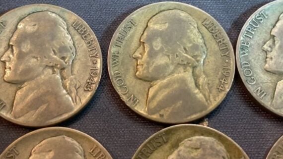 Three US Jefferson nickels from 1943 and 1944 displayed in a grid.