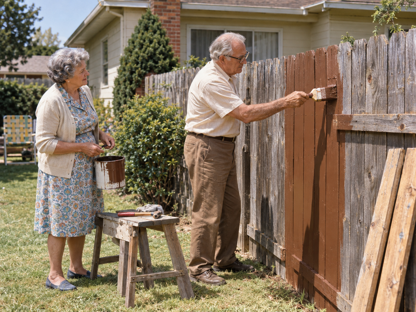 An older man paints a wooden fence brown while an older woman stands nearby holding a paint can.