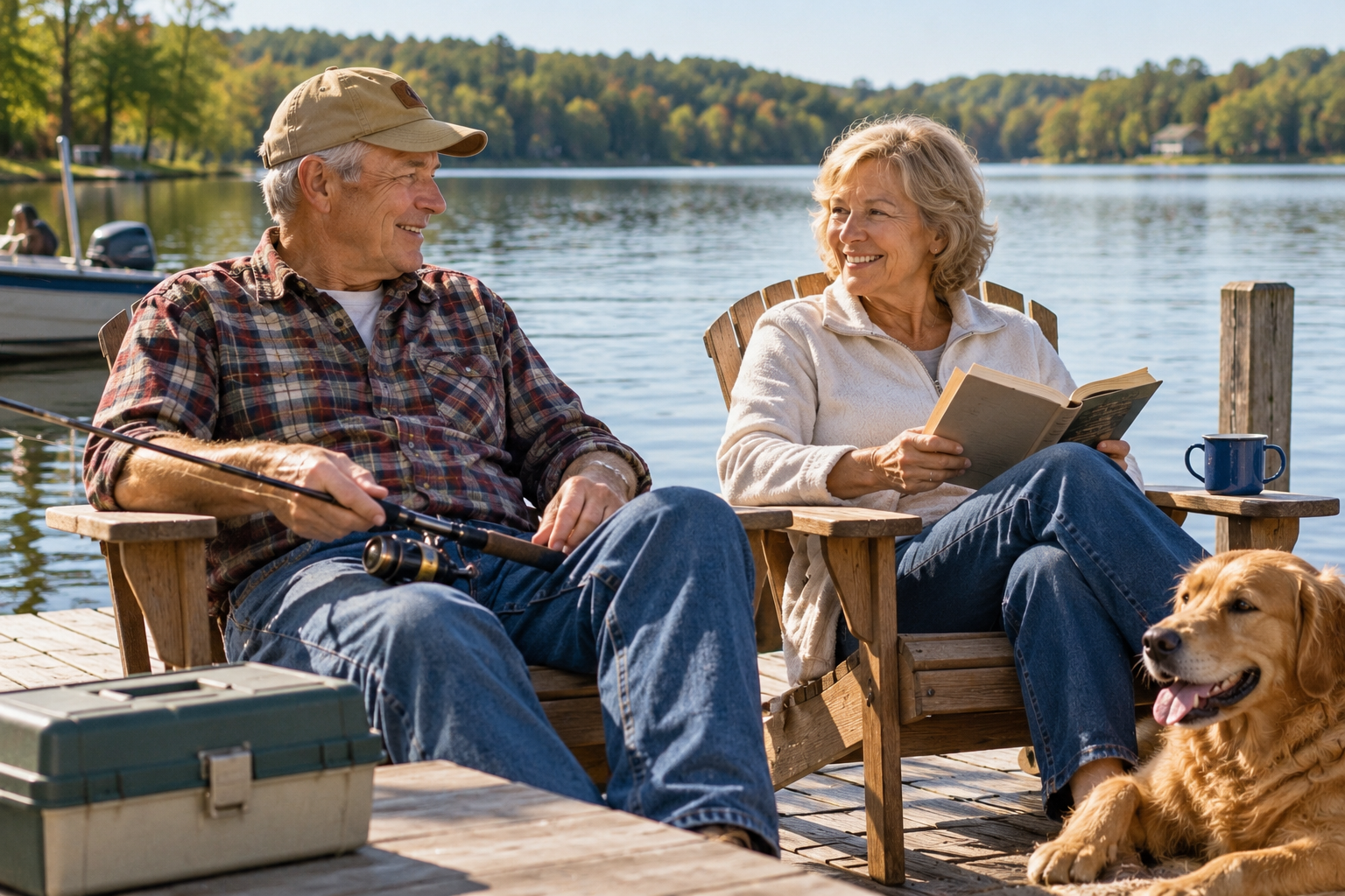 An older man holding a fishing rod and a woman reading a book sit in wooden chairs on a dock by a lake, with a golden retriever lying at their feet.