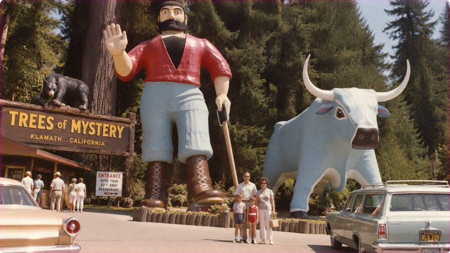 A family of four stands in front of giant statues of Paul Bunyan and Babe the Blue Ox at the Trees of Mystery tourist attraction in Klamath, California.