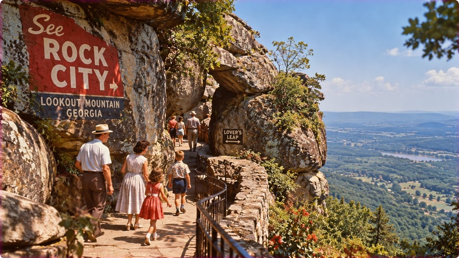 A family walks along a stone path at Rock City on Lookout Mountain, Georgia, featuring a large advertisement painted on a cliffside and a panoramic view of the valley below.