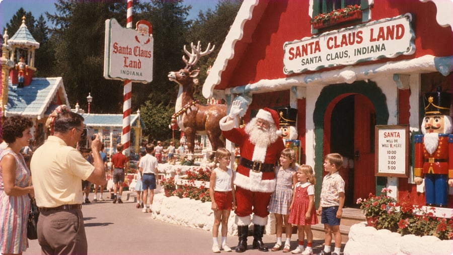 Santa Claus waves to three children in front of a Santa Claus Land building, as a man takes their photograph.