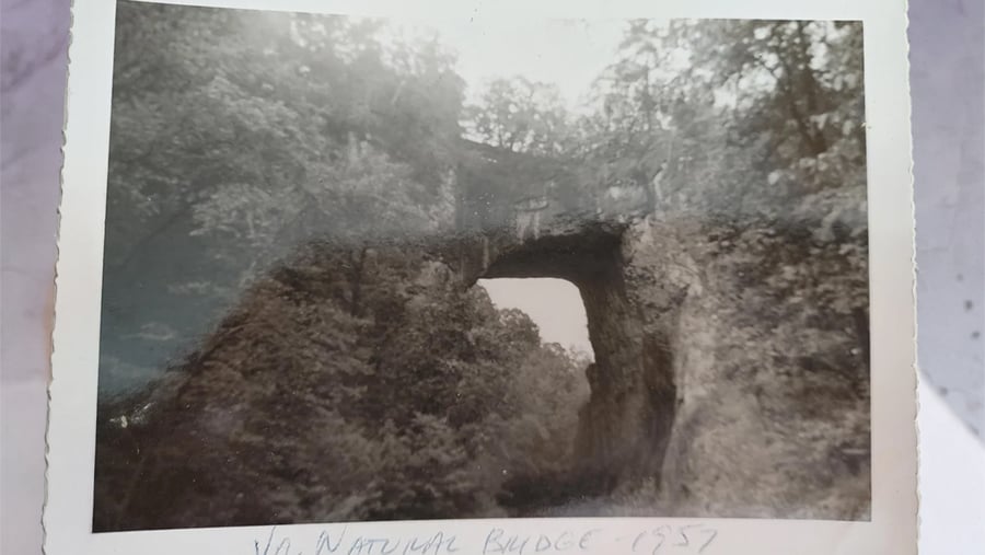 Vintage photograph of Natural Bridge in Virginia, dated 1957.