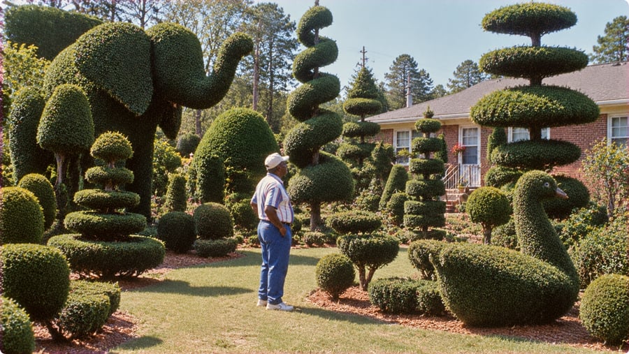 A man stands in a garden filled with elaborate topiary sculptures shaped like an elephant, a swan, and various geometric forms.