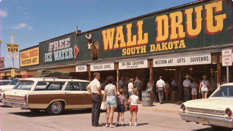 A vintage photo of the Wall Drug store exterior in South Dakota, featuring a family standing in a parking lot filled with classic cars in front of storefront signs.