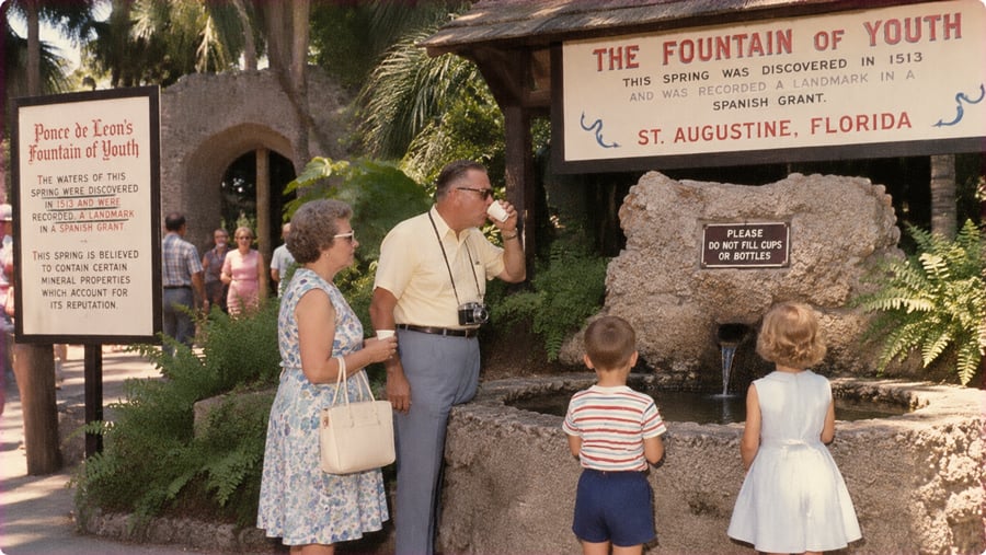 A couple stands by a stone fountain at the Fountain of Youth park in St. Augustine, Florida, as a man drinks from a cup while two children watch the water flow.