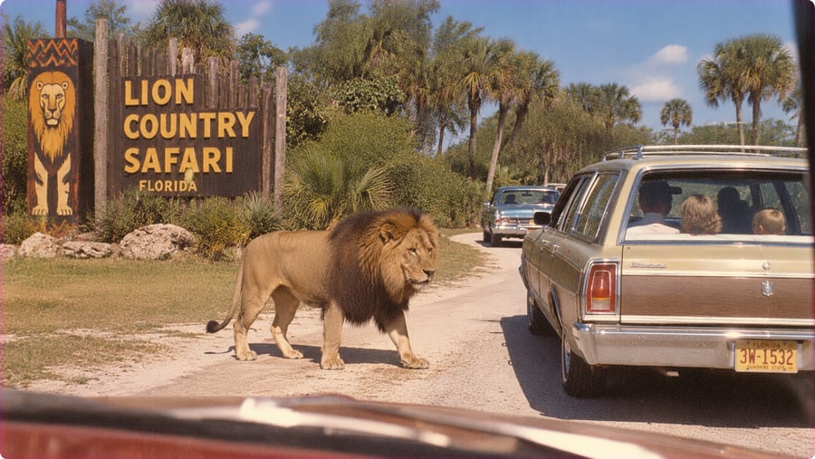 A lion walks past a station wagon on a road in front of a Lion Country Safari sign.