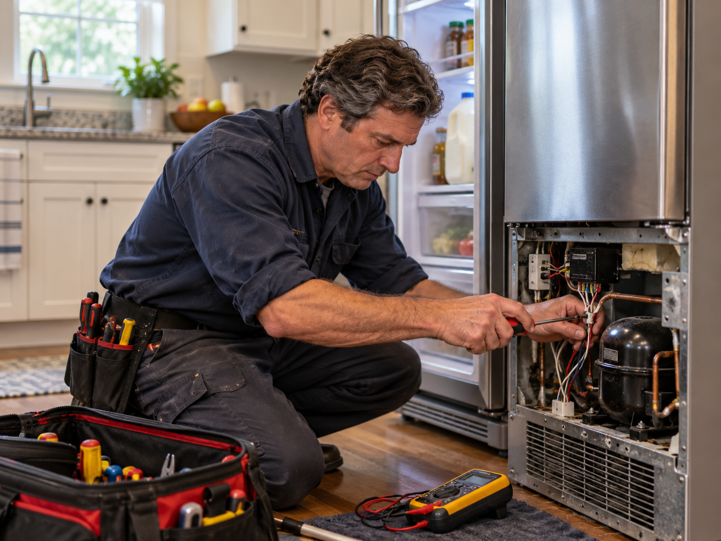 A technician repairs the exposed wiring of a refrigerator compressor with a screwdriver.