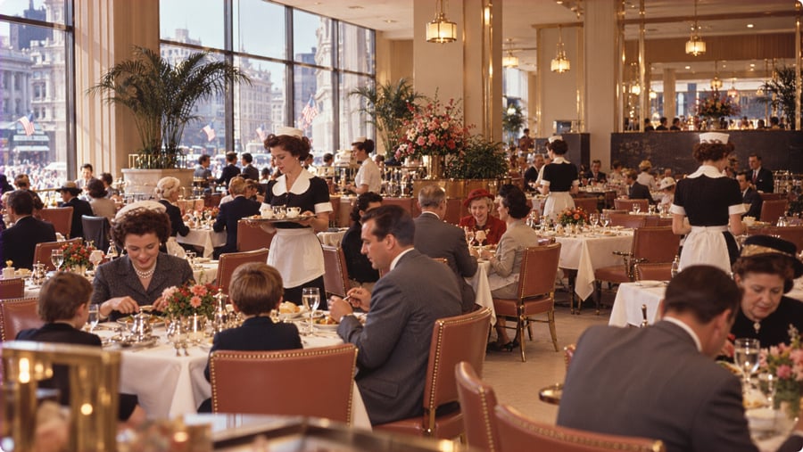 Waiters in uniforms serve guests at tables in a crowded, elegant restaurant with large windows overlooking a city street.