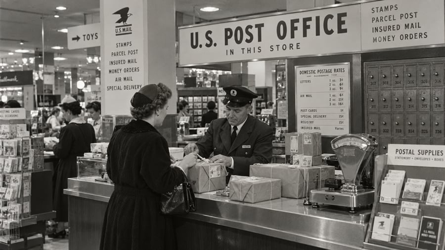 A postal worker behind a counter processes a package for a customer in a store with a U.S. Post Office station.