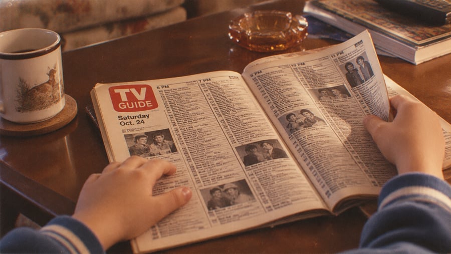 A person flips through a TV Guide magazine on a wooden table with a cup, ashtray, and book nearby. The listing is open to Saturday, October 24.