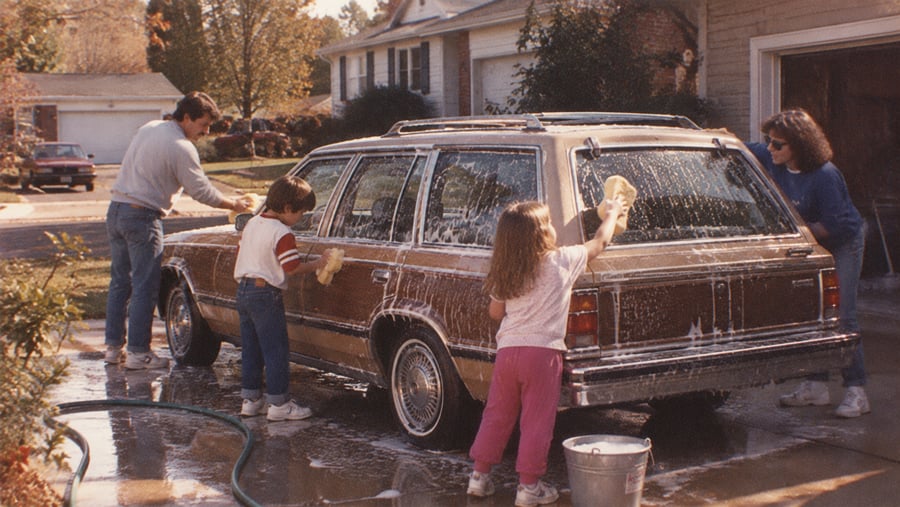 A family of four is washing a brown station wagon together in a driveway on a sunny day. Two adults and two children are scrubbing the soapy car, with water and a bucket nearby.