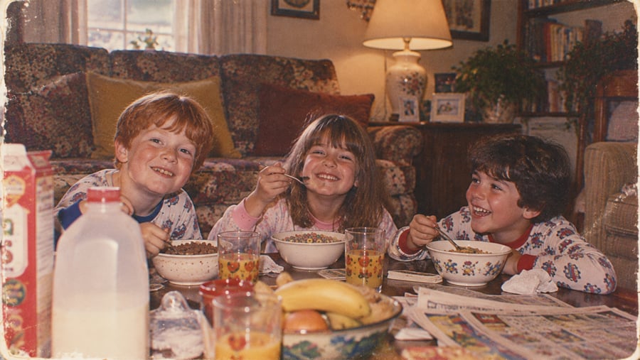 Three children in pajamas sit together eating cereal at a table with milk, juice, fruit, and a newspaper, smiling and laughing in a cozy living room decorated with plants and patterned furniture.