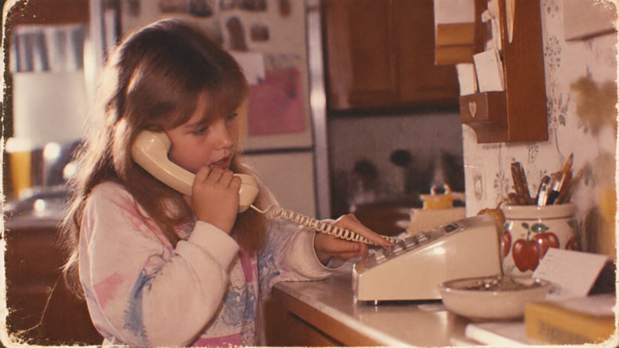 A young girl with long hair talks on a corded landline phone in a kitchen, standing at the counter near a bowl, utensils, and decorated wallpaper.
