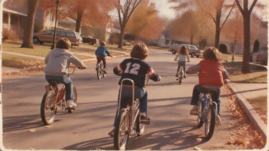 Five kids ride bicycles down a suburban street lined with autumn trees and fallen leaves. A parked station wagon and houses are visible in the background on a sunny day.
