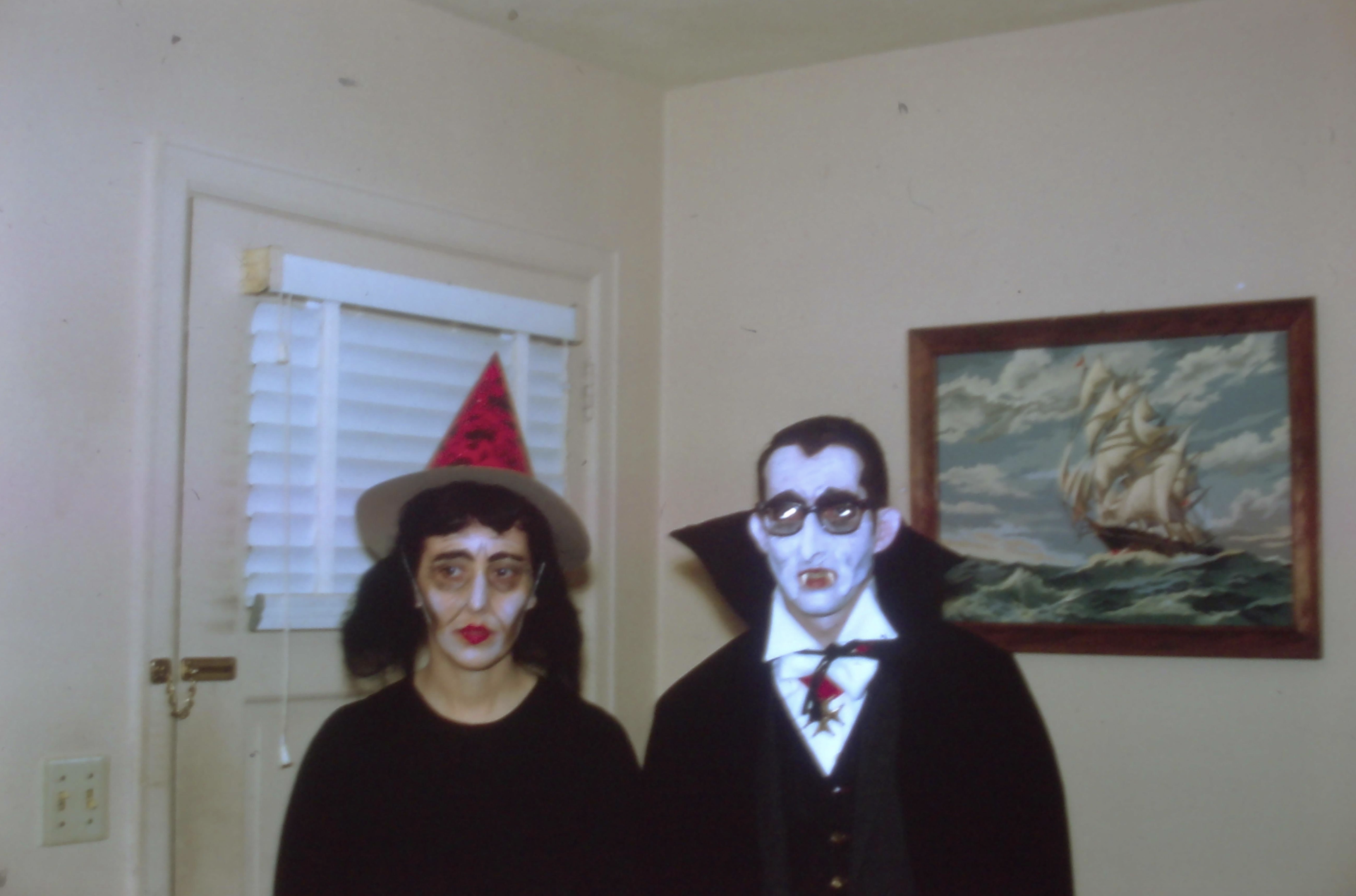 Two people in Halloween costumes, a witch wearing a pointed hat and a vampire in a cape and glasses, posing indoors.