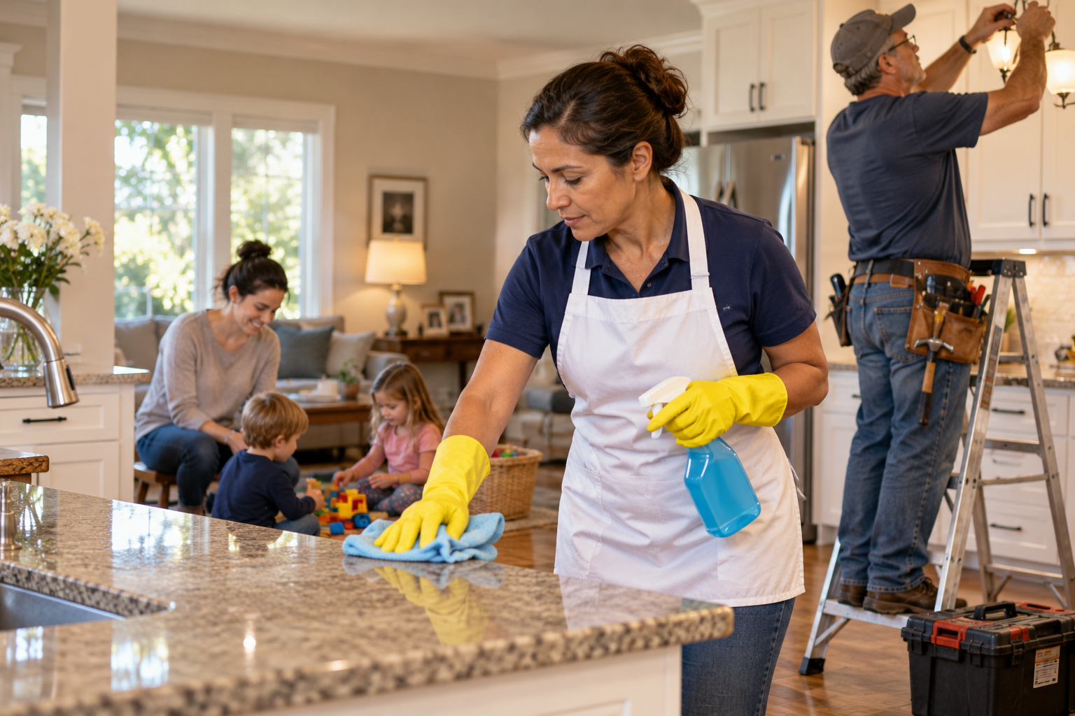 A woman wearing a white apron and yellow gloves wipes a granite countertop, while a man on a stepladder installs a light fixture and a woman plays with two children in the background.