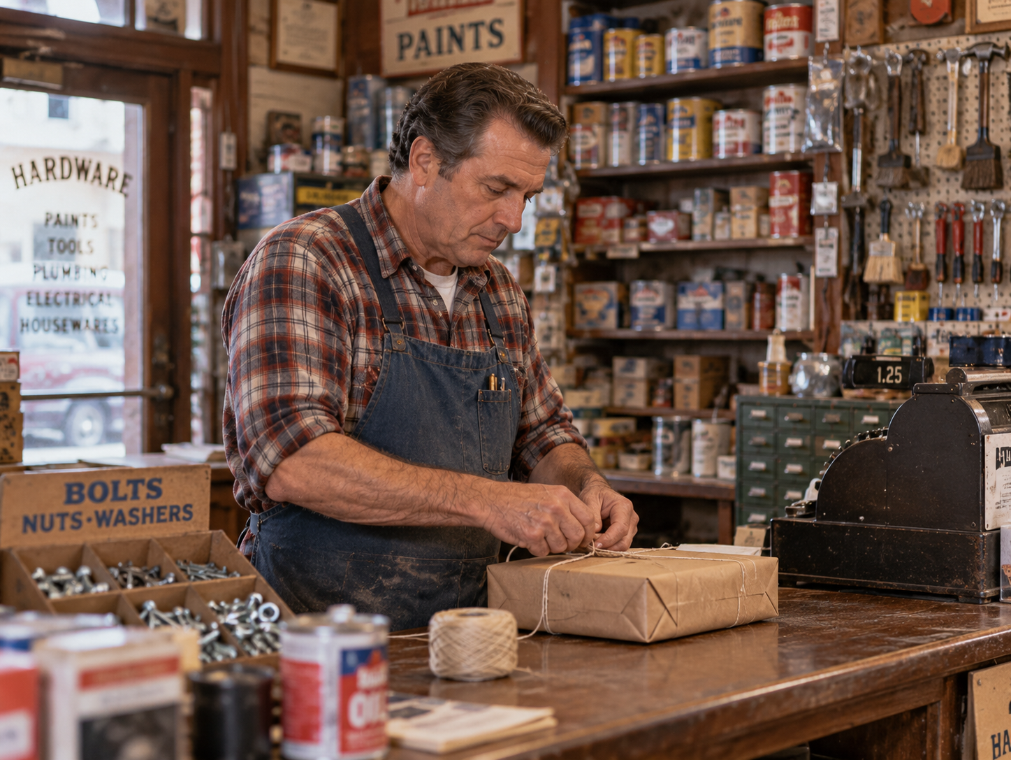 A man in a plaid shirt and denim apron wraps a brown paper package with string at a wooden hardware store counter.