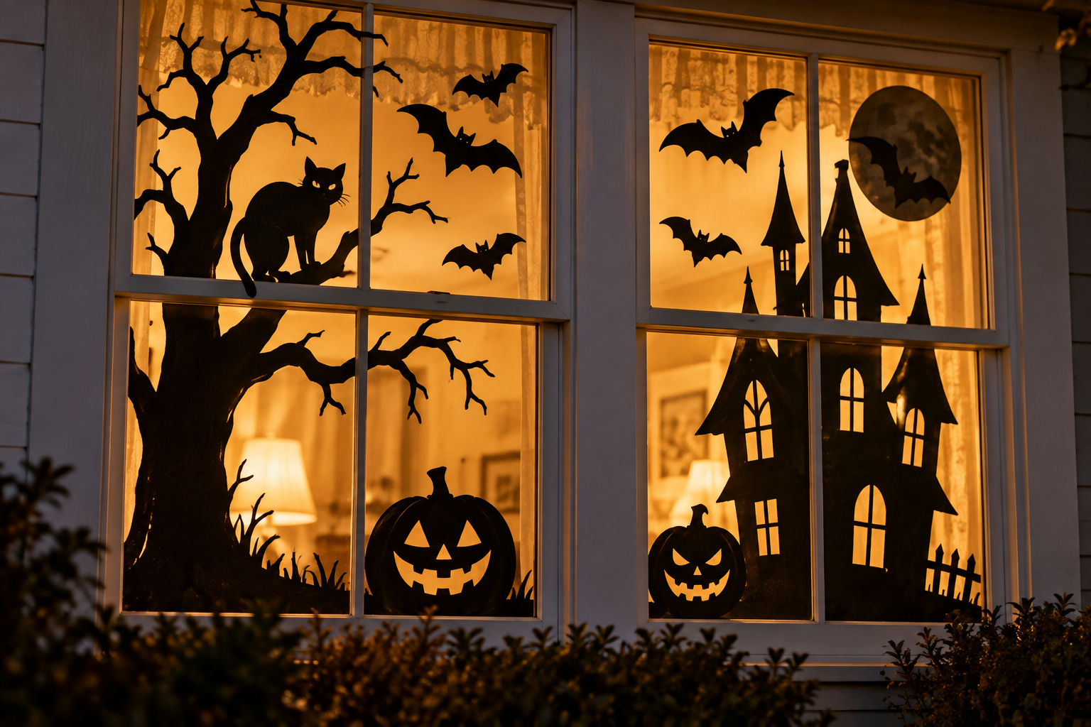Two windows decorated with black Halloween silhouettes of a tree, a cat, bats, a haunted house, pumpkins, and a moon, illuminated from within.