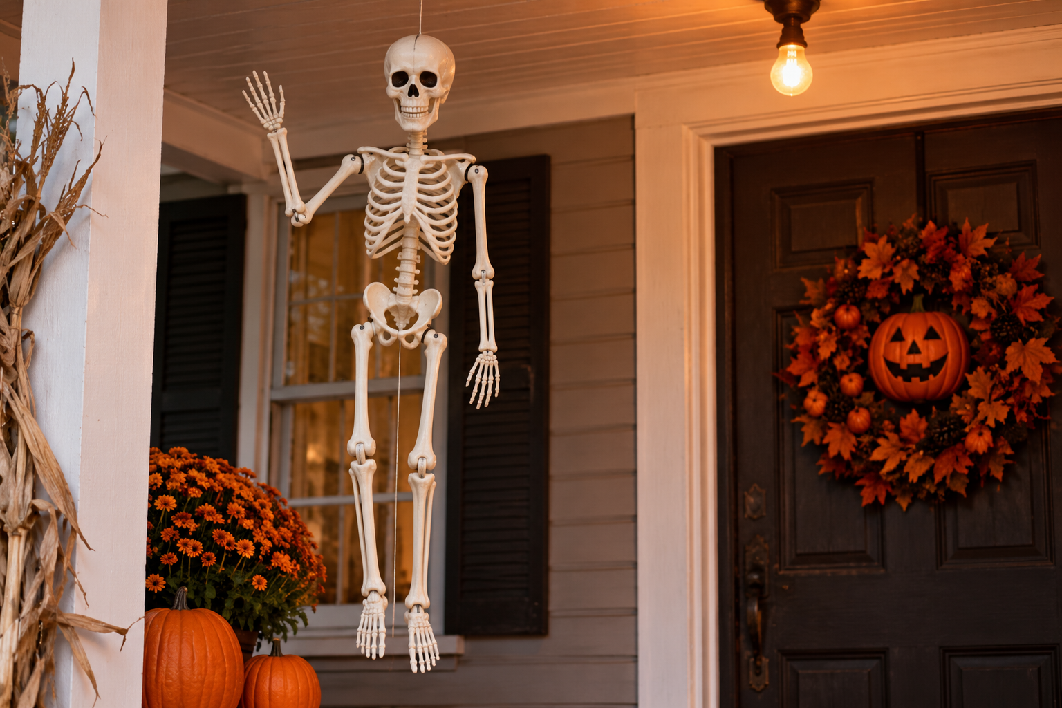 A plastic skeleton hanging from a porch ceiling, waving, with pumpkins and a jack-o’-lantern wreath displayed by the front door.